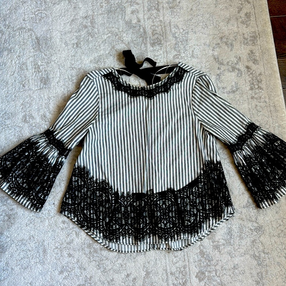 Zara Black Stripe, Lace Trim, Bow back, Belle sleeve Top